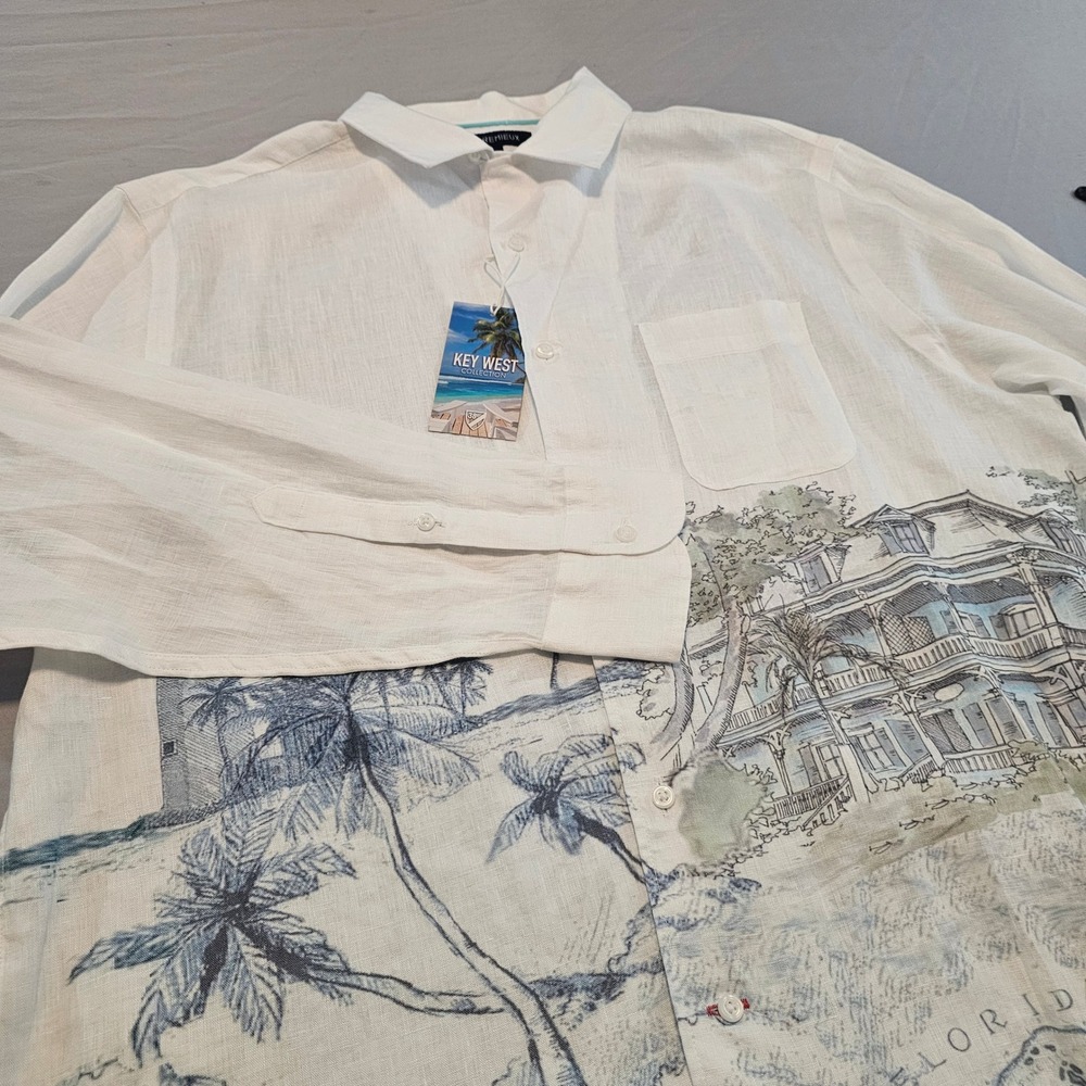 Cremieux Key West L Large Beach Scene Linen L/S Button Down Shirt NWT $115 L958
